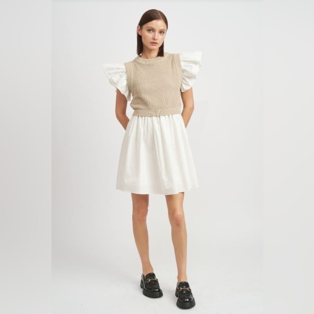 En Saison Freya Mixed Media Ruffle Sleeve Overlay Mini Dress Light Taupe Small - Picture 5 of 7